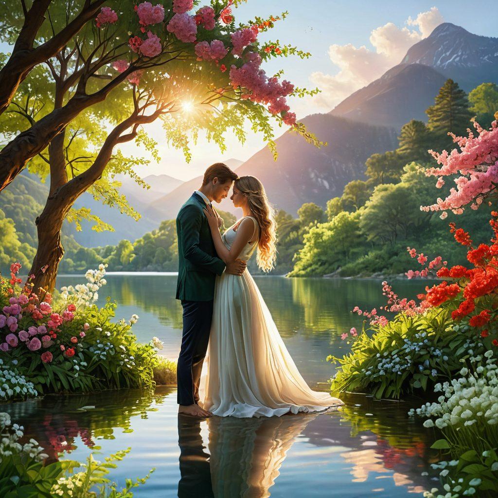 A warm and inviting scene of a couple sharing a tender moment, surrounded by blossoms that symbolize love and passion. Soft sunlight filtering through trees creates a dreamy ambiance, highlighting their joyful expressions. In the background, a picturesque landscape with gentle hills and a serene lake reflects the harmony of their bond. Include symbols of devotion like intertwined hands or hearts. super-realistic. vibrant colors. nature-inspired.