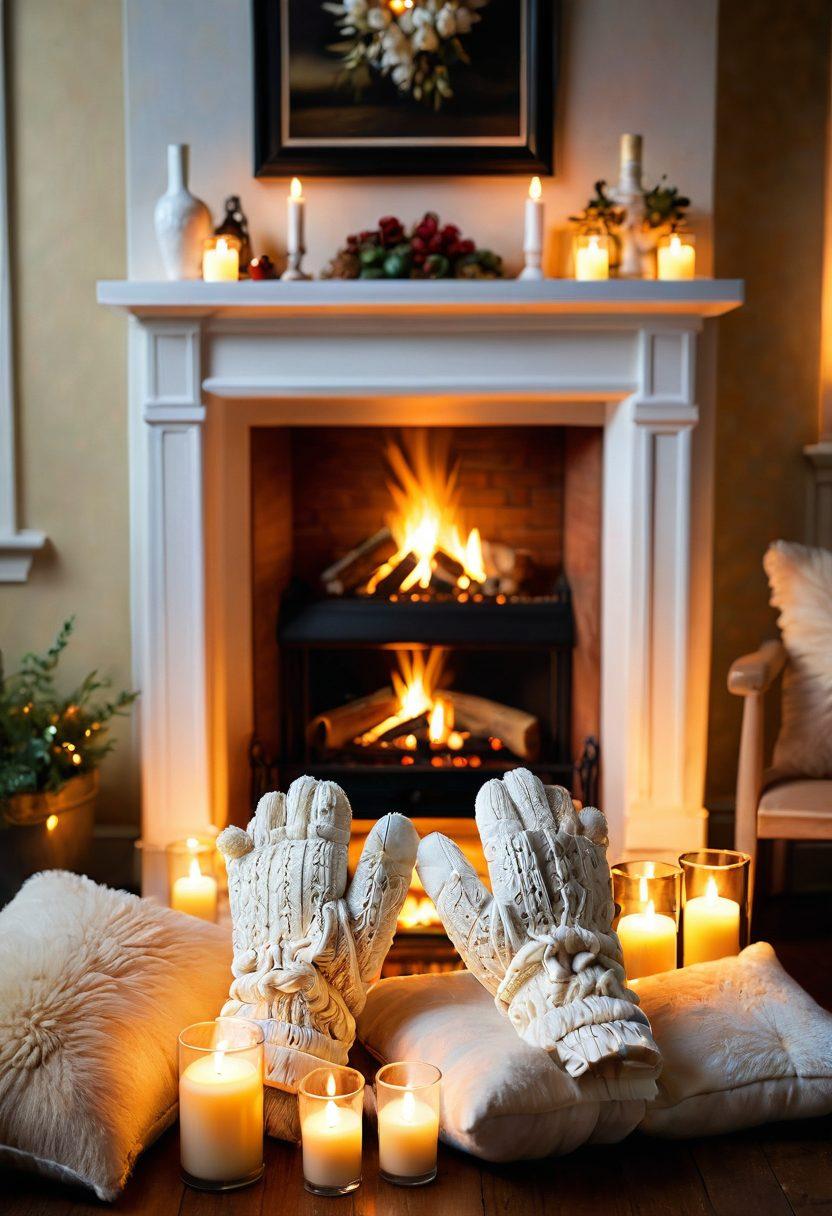 A cozy scene depicting a couple sharing a tender moment by a fireplace, surrounded by soft pillows and glowing candles. The atmosphere radiates warmth and intimacy, highlighting gestures of affection like holding hands and gentle touches. Subtle heart motifs in the background enhance the theme of devotion and love. super-realistic. warm colors. soft lighting.