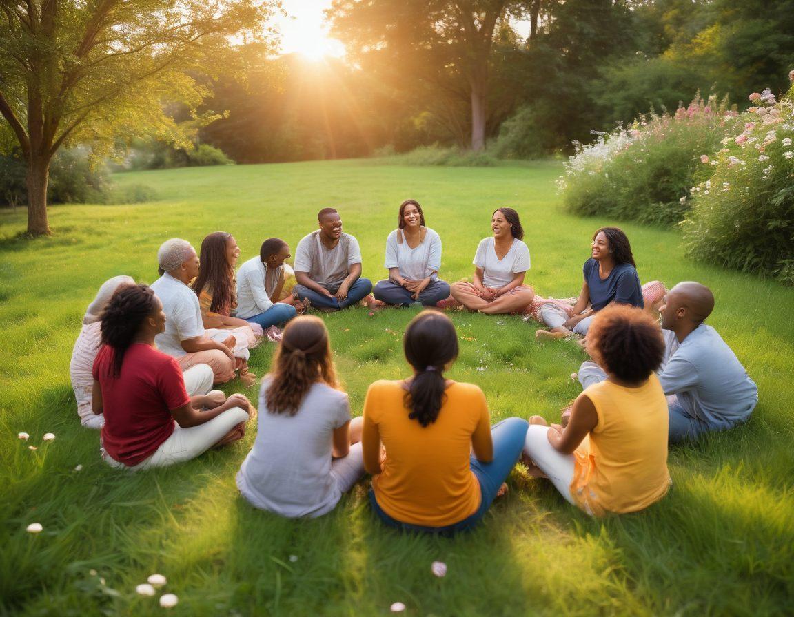 A heartwarming scene depicting diverse individuals engaging in a support circle, sharing stories and laughter, with elements symbolizing growth like blooming flowers and intertwining roots. The background features a sunrise, symbolizing new beginnings and hope. Soft, warm lighting to create an inviting atmosphere. super-realistic. vibrant colors.